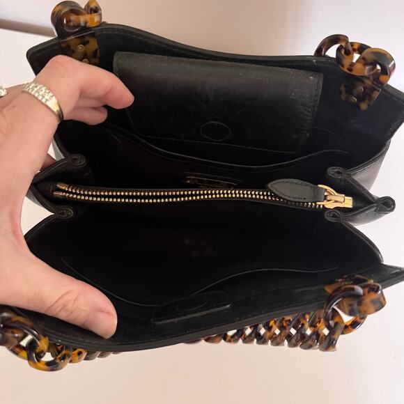 Ralph Lauren Black Leather Tortoise Chain Link Small Tote Bag Made in Italy - Picture 6 of 12